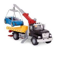 a toy truck with a car on the back and a crane attached to it's flatbed