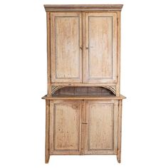 an old wooden cabinet with two doors on the front and one door open to reveal a shelf