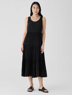 Crushed Silk Tiered Dress | EILEEN FISHER Elegant Sleeveless Tiered Dress With Ruched Detail, Elegant Midi Dress With Crinkle Texture, Elegant Midi-length Dress With Crinkle Texture, Elegant Silk Dress, Petite Womens Clothing, Elegant Silk Dresses, Basic Black Dress, Simple Wardrobe, Fair Trade Clothing