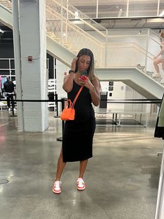 Pollen Jordan 1 Outfit Women, Aj1 Outfit Women Dress, Jordan 1 Outfit Women Classy, Dresses With Dunks Outfit, Dunk Low Dress Outfit, Casual Orange Dress Outfit, Dresses With Shoes Outfit, How To Style Orange Sneakers, Black Dress And Dunks Outfit