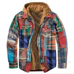 Casual Cotton Outerwear With Patchwork, Cotton Patchwork Hooded Outerwear, Casual Winter Outerwear With Color Matching, Casual Hooded Jacket With Patchwork, Plaid Cotton Winter Outerwear, Winter Plaid Cotton Outerwear, Casual Hooded Jacket With Patchwork And Long Sleeves, Plaid Cotton Outerwear For Winter, Casual Long Sleeve Hooded Jacket With Patchwork