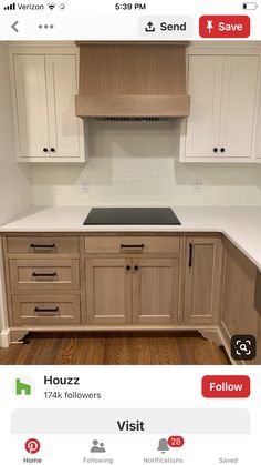 a kitchen with white cabinets and wood floors on the bottom row is shown in an instagram