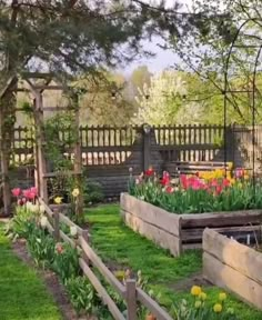 the garden is full of flowers and plants in wooden boxes, along with some trees