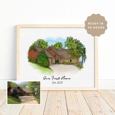 a watercolor painting of a house with trees and grass in the front yard on a wooden frame