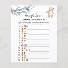 a baby shower emojtionary with teddy bear on it's back and flowers