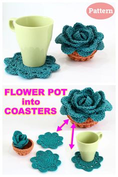 crocheted flower pot holders and coasters are shown with the instructions to make them