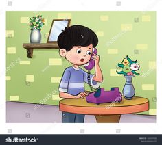 a boy talking on the phone at his desk with a vase in front of him