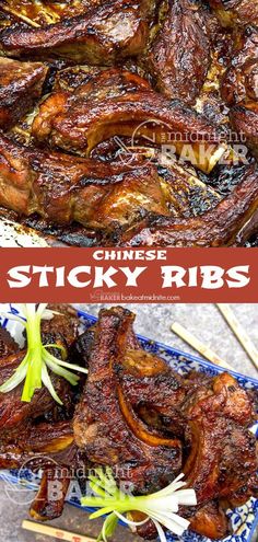 chinese sticky ribs on a plate with chopsticks