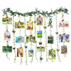 a collage of photos hanging from a vine with leaves and flowers attached to it