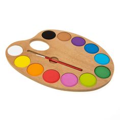 a wooden palette with paint on it and a clock in the shape of an artist's palette