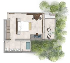 an aerial view of a bedroom and living room in a house with trees around it