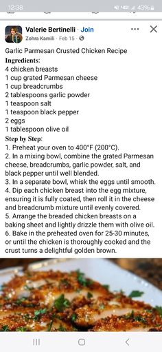 an app showing the recipe for chicken parmesan casserole and other food items