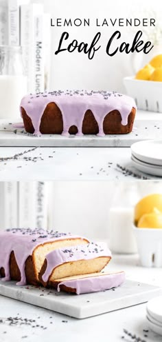 the lemon lavender loaf cake has been sliced and is ready to be eaten