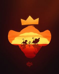 the lion king is silhouetted against an orange and black background with a crown on his head