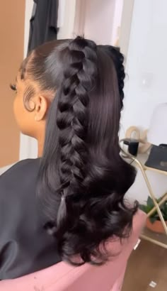 Hairstyles To Get Done At The Salon, College Back To School Hairstyles, Silk Press With Fishtail Braid, Frontal Wig Hairstyles Medium Length, Phony Pony Hairstyles, Sweet 16 Birthday Hairstyles, Princess Ponytail Hairstyles, 2 Braids Into A Ponytail, Bad B Hairstyles