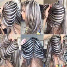 Ash grey and silver white stripes hair color inspo. Such a unique hairstyle! Eric Gill, Long Silver Hair, Underlights Hair, Gorgeous Gray Hair, Silver Highlights, Dark Roots Blonde Hair, Balayage Blonde, Blending Gray Hair