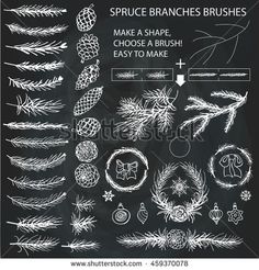 a collection of hand drawn pine branches and wreaths on chalkboard with the words spruce branches brushes