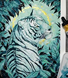 a painting of a white tiger surrounded by green leaves and watercolor paints on paper