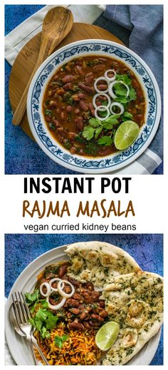 instant pot kava masala recipe with beans and onions in a white bowl on a blue background