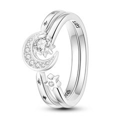 an open ring with stars and moon on the side, in white gold plated