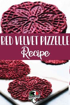 red velvet pizzazzle recipe on a white plate with text overlay that reads, red velvet pizzazzle recipe