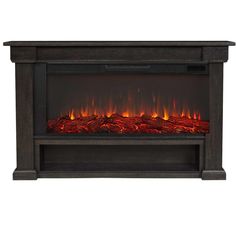 an electric fireplace with red flames in the center and dark wood frame, against a white background