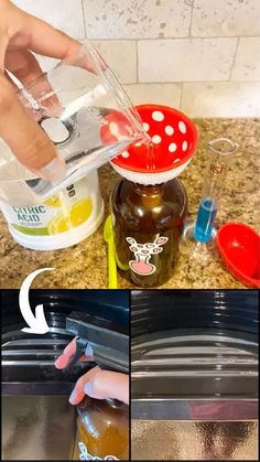 the process for making homemade honey syrup is shown in three different pictures, including one being poured into a jar and another being filled with liquid