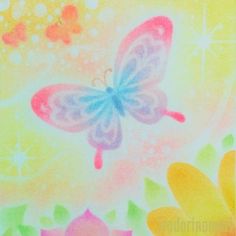 a painting of a butterfly with flowers in the background