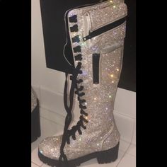 Bought In Vegas. Sold Out Everywhere. Waited 4 Hours In Line And Got Heat Stroke For These. Brand New Never Wore Size 8 Complete Diamond Bling Combat Boots True To Size Crystal. Rhinestone. Diamond. Do Not Low Ball Me On This Item. You Will Not Find Anywhere. Poster Girl Luxury Silver Boots With Rhinestones, Silver Leather Boots With Rhinestones, Dolls Kill Shoes, Poster Girl, Diamond Bling, Platform Sandals Heels, 4 Hours, Moto Boots, Boots Outfit