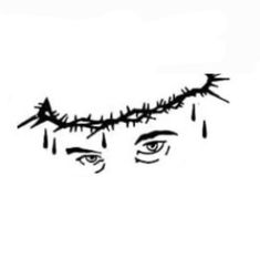 a black and white drawing of jesus's face with drops of water on it