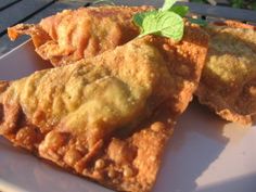 some fried food on a white plate with a green leafy plant in the middle