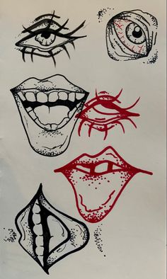 an image of different types of lips and eyes on a piece of paper with black ink