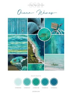 the ocean waves color palette is shown in shades of blue, green and turquoise with white accents