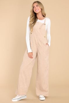 Put on these Stay Kind Beige Corduroy Overalls and show the world that you don't take yourself too seriously! They're the perfect outfit to make a statement about your chill vibes in a playful and stylish way. These overalls feature adjustable self-tie straps. four functional side pockets and two back pockets. buttons below the bust to allow for a folded look. and a corduroy texture throughout. Model is wearing a small. • 100% Polyester • Hand Wash Cold • Unlined • Imported Corduroy Texture, Corduroy Dungarees, Stay Kind, Sorority Rush Dresses, Overalls Outfit, Corduroy Overalls, Rush Dresses, Cardigan Crop Top, Chill Vibes