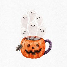 a watercolor drawing of a pumpkin mug with spooky eyes