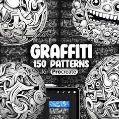 the cover of graffiti 50 patterns for procreate, with an image of skulls and faces