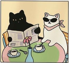 two cats are sitting at a table reading a newspaper and drinking coffee while wearing sunglasses