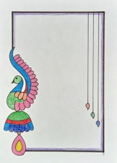 a drawing of a colorful bird hanging from a hook on a string with an empty space in the middle