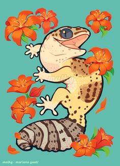 an illustration of a gecko with orange flowers on it's chest and legs