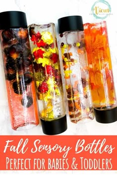 four bottles filled with different types of fruit and veggies for babies and toddlers