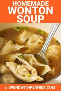 homemade wonton soup in a bowl with a spoon