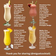 a poster with different drinks on it that says, thank you for sharing our cocktails