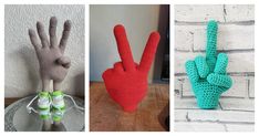 crocheted hand puppets are displayed in three different photos, one is green and the other is red