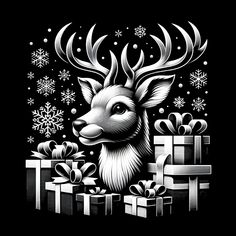 a black and white drawing of a deer surrounded by presents