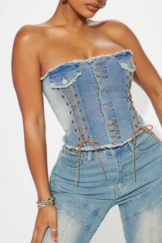 Available In Light Wash. Denim Corset Top Strapless Button Down Lace Up Detail 2 Chest Pocket Details Raw Hem Cropped Stretch Disclaimer: To Keep The Aesthetic Of This Garment, Please Follow The Care Instructions Carefully. Disclaimer: Due To The Wash Process, Each Garment Is Unique. 65% Cotton 33% Polyester 2% Elastane Imported | All In Denim Corset Top in Light Wash size XS by Fashion Nova Blue Denim Strapless Corset, Spring Blue Denim Corset, Casual Denim Blue Cotton Corset, Denim Blue Summer Corset, Casual Blue Cotton Corset, Casual Blue Corset For Summer, Casual Blue Summer Corset, Fitted Y2k Denim Top, Spring Denim Blue Strapless Corset