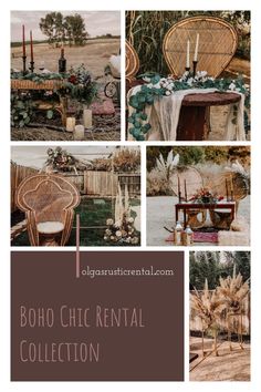 the boho chic rental collection is featured in this collage, including chairs and tables