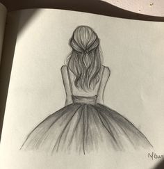 a drawing of a girl in a dress with her back to the camera, looking down