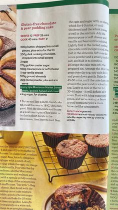 an article in a magazine about gluten - free chocolate and pear puddings