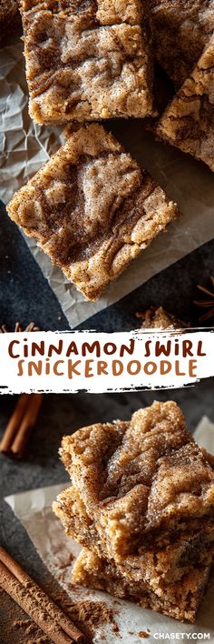 cinnamon swirl snack recipe on parchment paper with cinnamon sticks in the background and text overlay