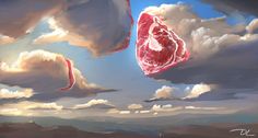 a painting of a piece of meat in the sky